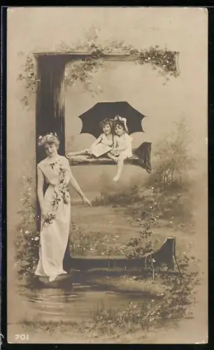 AK Buchstabe E, Junge Frau und zwei Mädchen unterm Schirm