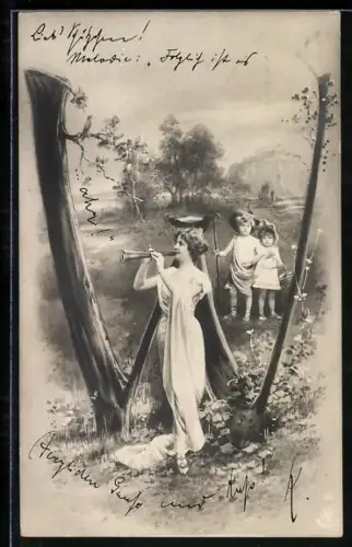 AK zum Buchstaben W geformte Bäume, Frau steht davor, Kinder dahinter