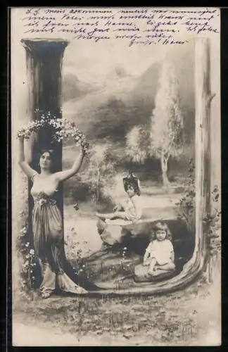 AK Buchstabe U, schöne Dame mit einem Blumenkranz, Mädchen sitzen auf Stein am Bach