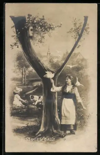 AK Buchstabe Y, Mädchen mit weissen Tauben