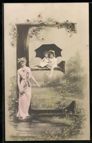 AK Buchstabe E, Junge Frau und zwei Mädchen unterm Schirm