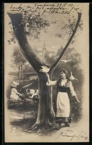 AK Buchstabe Y, Mädchen mit weissen Tauben