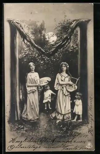 Foto-AK NPG NR: 195, Buchstabe M als Baum dargestellt, Musikerin, Zeichnerin, Kinder stehen unter dem Baum