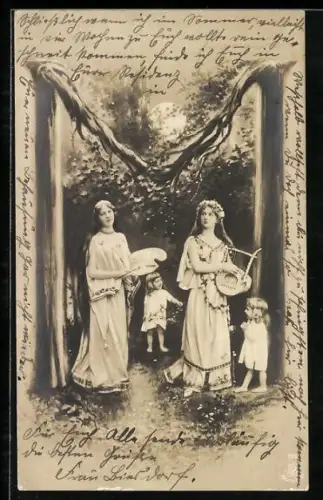 Foto-AK NPG NR: 195, Buchstabe M als Baum dargestellt, Musikerin, Zeichnerin, Kinder stehen unter dem Baum