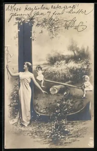 AK Der Buchstabe L als Baum, Frau mit einer Blume und Kinder auf der Wippe