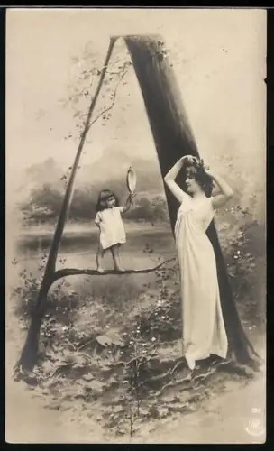 Foto-AK NPG NR: 195, Buchstabe A, Kind hält Spiegel für die sich frisierende Mutter