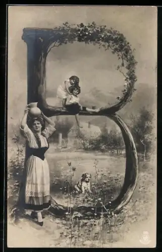 Foto-AK NPG NR: 195, Buchstabe B, Frau trägt Krug auf dem Kopf, Kinder mit Hund