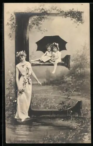 AK Buchstabe E, Mädchen sitzen unter einem Schirm, schöne Frau mit Rosen