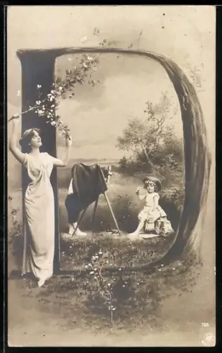 AK Buchstabe D, Mädchen sitzt mit Blume vor dem Fotoapparat