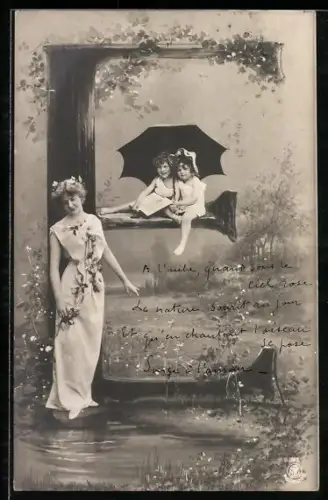 AK Buchstabe E, Mädchen sitzen unter einem Schirm, schöne Frau mit Rosen