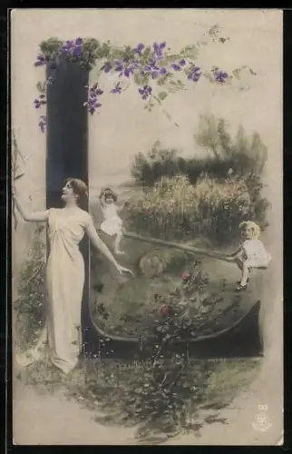 AK Frau im Kleid am Buchstaben L, Im Hintergrund Kinder auf Wippe