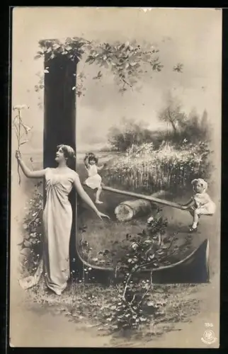 AK Der Buchstabe L als Baum, Frau mit einer Blume und Kinder auf der Wippe