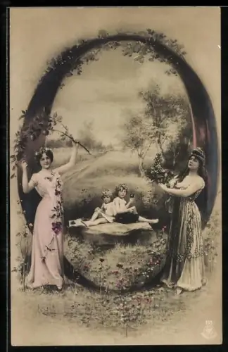 AK Buchstabe O, zwei Frauen in Gewändern mit zwei Kindern auf Wiese mit Weg