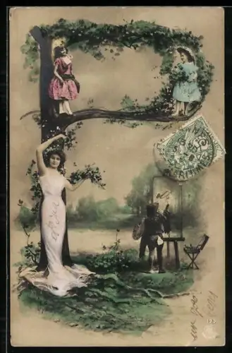 AK Buchstabe P, Maler steht an seiner Staffelei, Kinder stehen auf dem Buchstaben