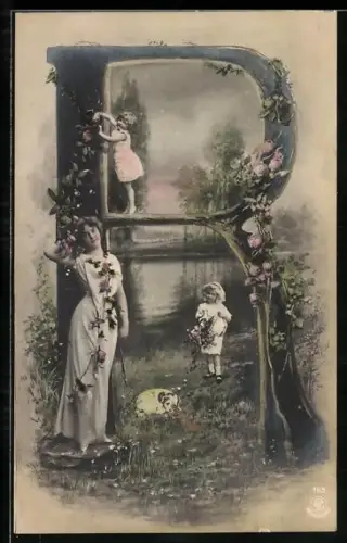 AK Buchstabe R mit Frau und Kindern