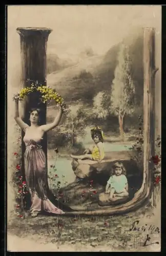 AK Buchstabe U, schöne Dame mit einem Blumenkranz, Mädchen sitzen auf Stein am Bach