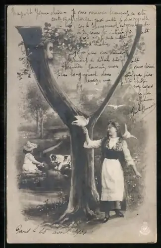 AK Buchstabe Y, Mädchen mit weissen Tauben