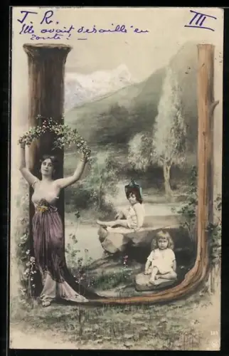 AK Junge Frau einen Blütenkranz über den Kopf erhebend, steht vor dem Buchstaben U