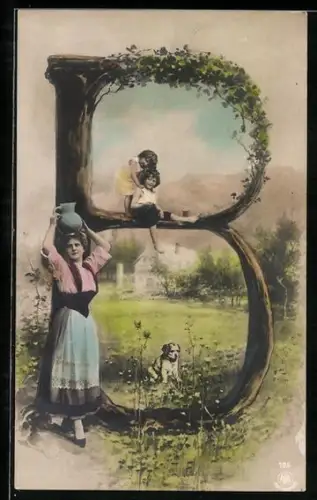 Foto-AK NPG NR: 195, Buchstabe B, Frau trägt Krug auf dem Kopf, Kinder mit Hund