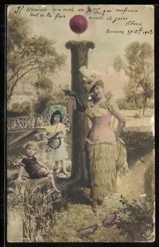 AK Frau mit Hut und Kinder beim Buchstaben I, Luftballon