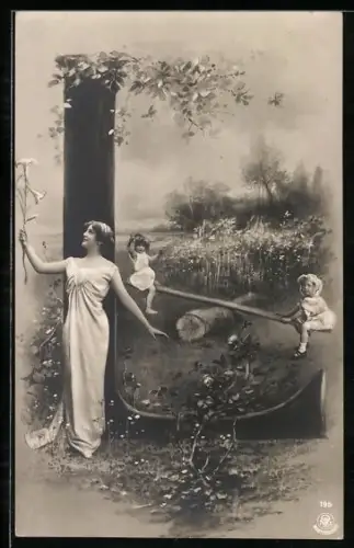 AK Der Buchstabe L als Baum, Frau mit einer Blume und Kinder auf der Wippe