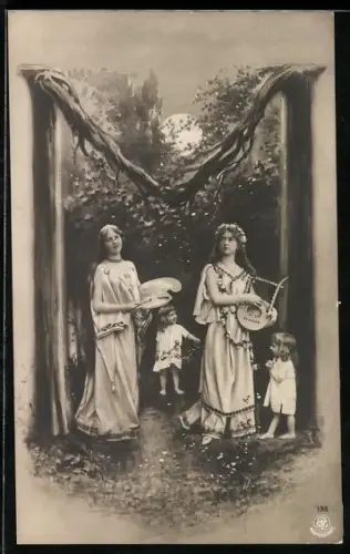 Foto-AK NPG NR: 195, Buchstabe M als Baum dargestellt, Musikerin, Zeichnerin, Kinder stehen unter dem Baum