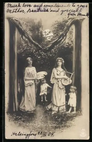 Foto-AK NPG NR: 195, Buchstabe M als Baum dargestellt, Musikerin, Zeichnerin, Kinder stehen unter dem Baum