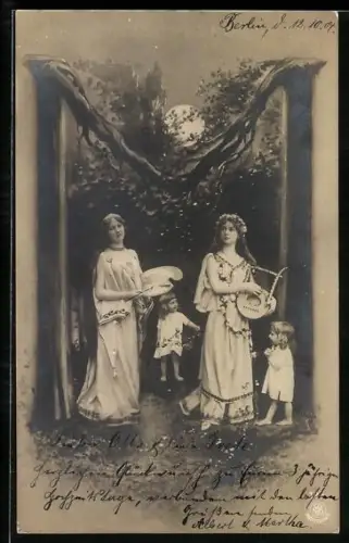 Foto-AK NPG NR: 195, Buchstabe M als Baum dargestellt, Musikerin, Zeichnerin, Kinder stehen unter dem Baum