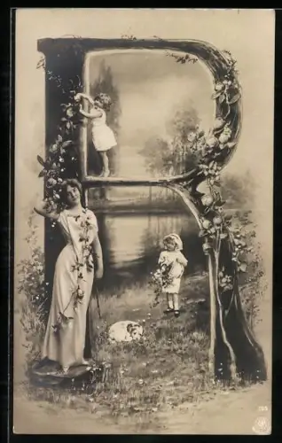 AK Buchstabe R, Maid mit Blumen, Kinder und Hund