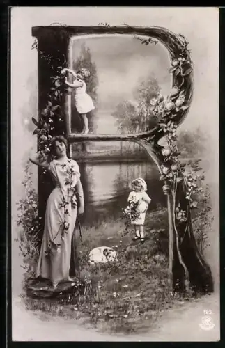 AK Buchstabe R mit Frau und Kindern