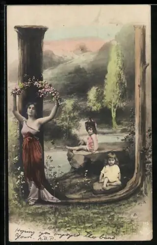 AK Buchstabe U, schöne Dame mit einem Blumenkranz, Mädchen sitzen auf Stein am Bach