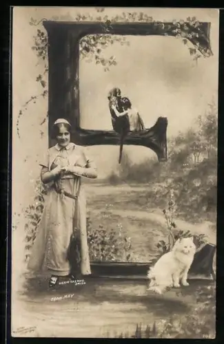 AK Frau und Kind mit Hund am Buchstaben E