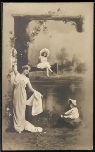 AK Baum In Form des Buchstaben P, Frau und Kinder am und auf dem Baum