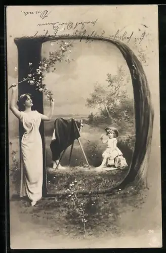 AK Mädchen posiert vor einem Fotoapparat im Buchstaben D