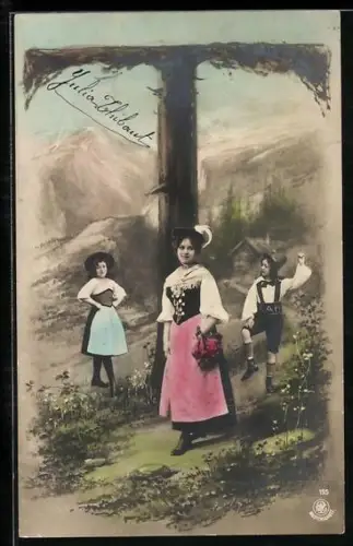Foto-AK NPG NR: 195, Buchstabe T, Drei Kinder in Trachten