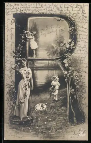 AK Buchstabe R, Maid mit Blumen, Kinder und Hund