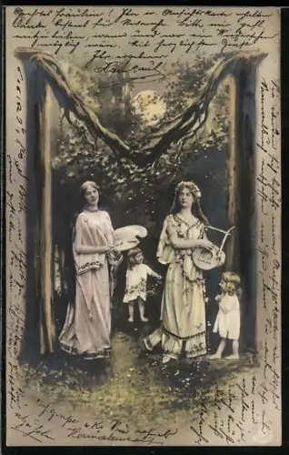 Foto-AK NPG NR: 195, Buchstabe M als Baum dargestellt, Musikerin, Zeichnerin, Kinder stehen unter dem Baum