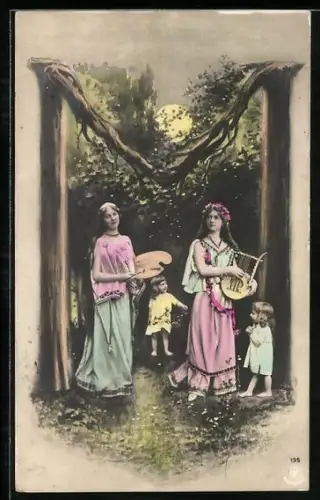 Foto-AK NPG NR: 195, Buchstabe M als Baum dargestellt, Musikerin, Zeichnerin, Kinder stehen unter dem Baum