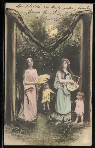 AK Buchstabe M, Malerin mit Mischpalette und Musikerin gehen mit Kindern spazieren