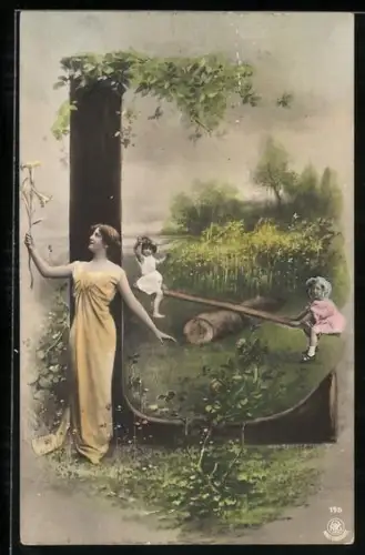 AK Der Buchstabe L als Baum, Frau mit einer Blume und Kinder auf der Wippe