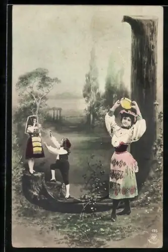 AK Junge Frau und Kinder in Tracht neben dem Buchstaben J