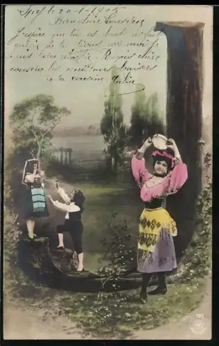 AK Junge Frau und Kinder in Tracht neben dem Buchstaben J