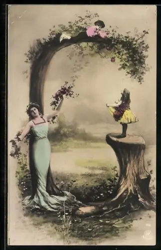 AK Kinder und Frau beim Buchstaben G mit Blumen