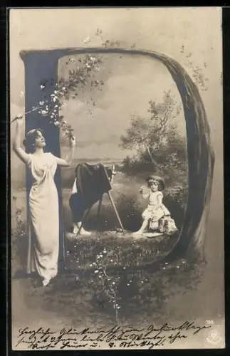 AK Buchstabe D, Mädchen sitzt mit Blume vor dem Fotoapparat