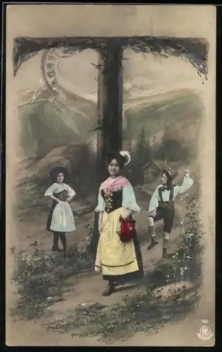 Foto-AK NPG NR: 195, Buchstabe T, Drei Kinder in Trachten