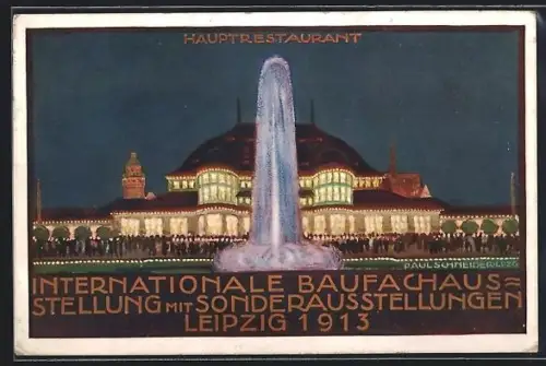 Künstler-AK Leipzig, Internationale Baufachausstellung 1913, Hauptrestaurant