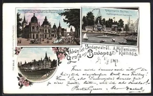 Lithographie Budapest, Ausstellung A Milleniumi Kiallitas, Hauptgruppe Renaissance Hof, Kriegsmarine Pavillon