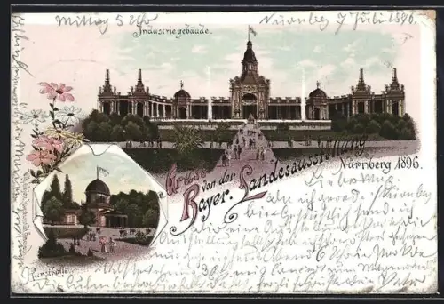 Lithographie Nürnberg, Bayerische Landesausstellung 1896, Kunsthalle und Industriegebäude