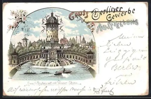 Lithographie Berlin, Gewerbe-Ausstellung, Haupt-Restaurant mit Wasser-Thurm