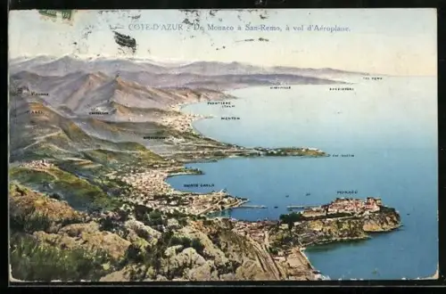 AK San-Remo /Cote-d`Azur, Panorama mit Monaco, Cap Martin und Menton, Fliegeraufnahme